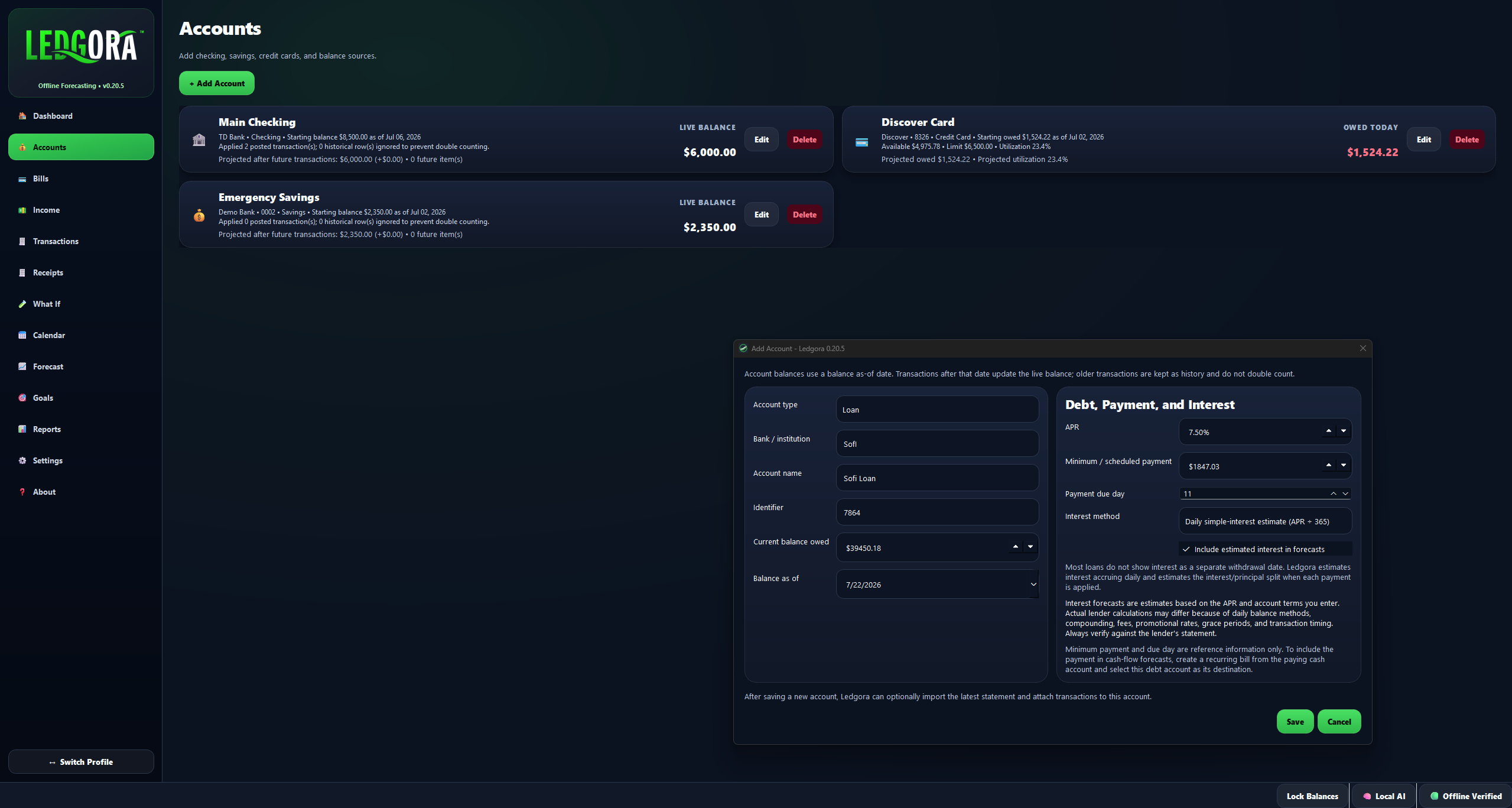 Accounts screen showing financial accounts.