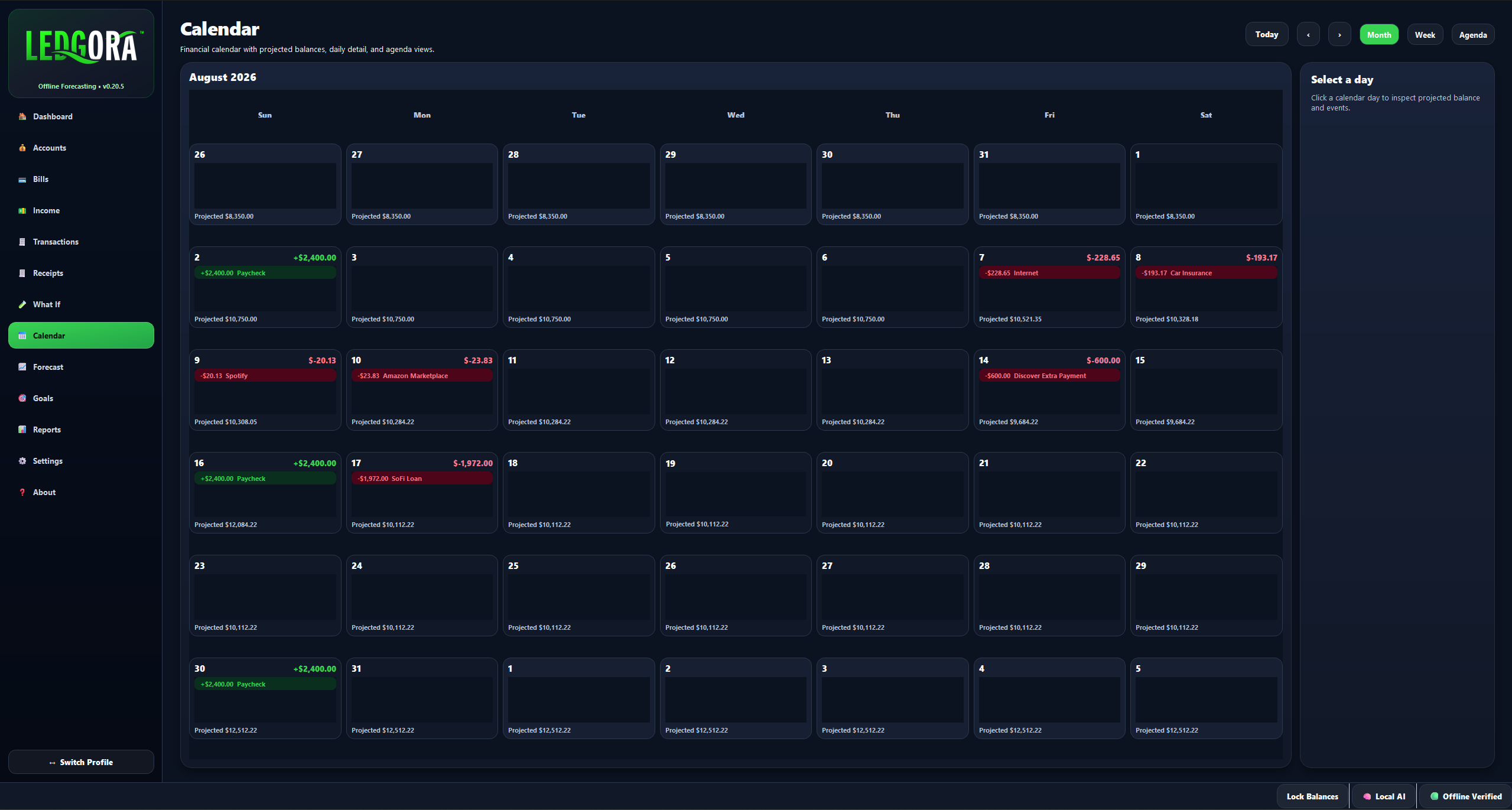 Calendar view showing scheduled financial activity.